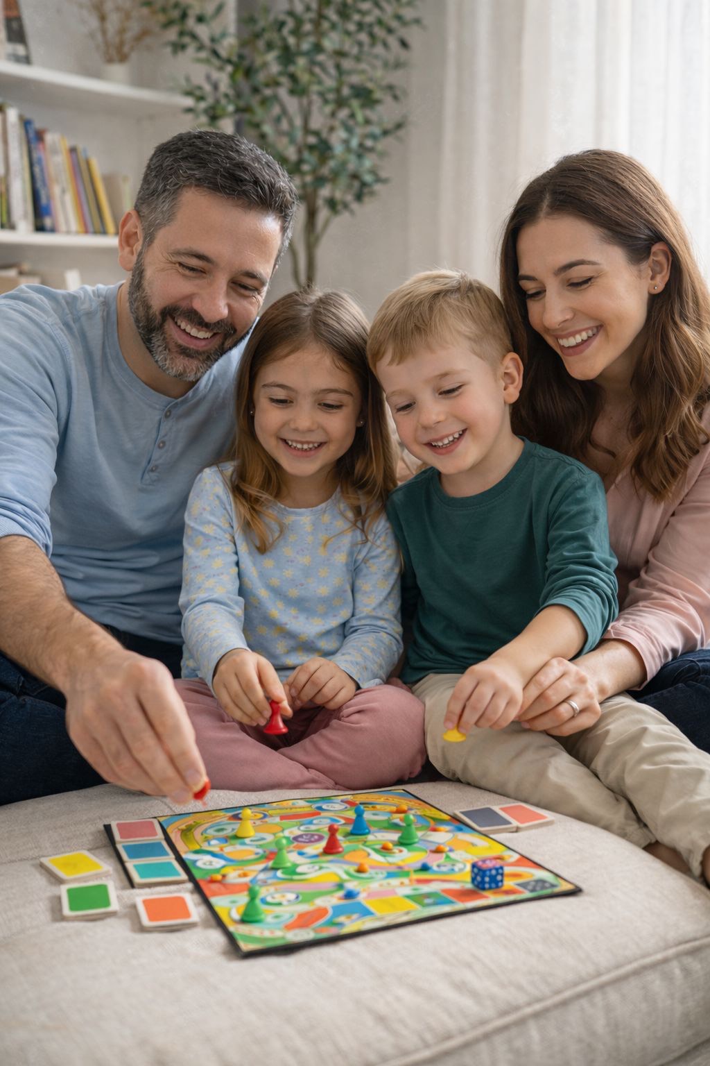 Family playing a board game together in a cozy living room.